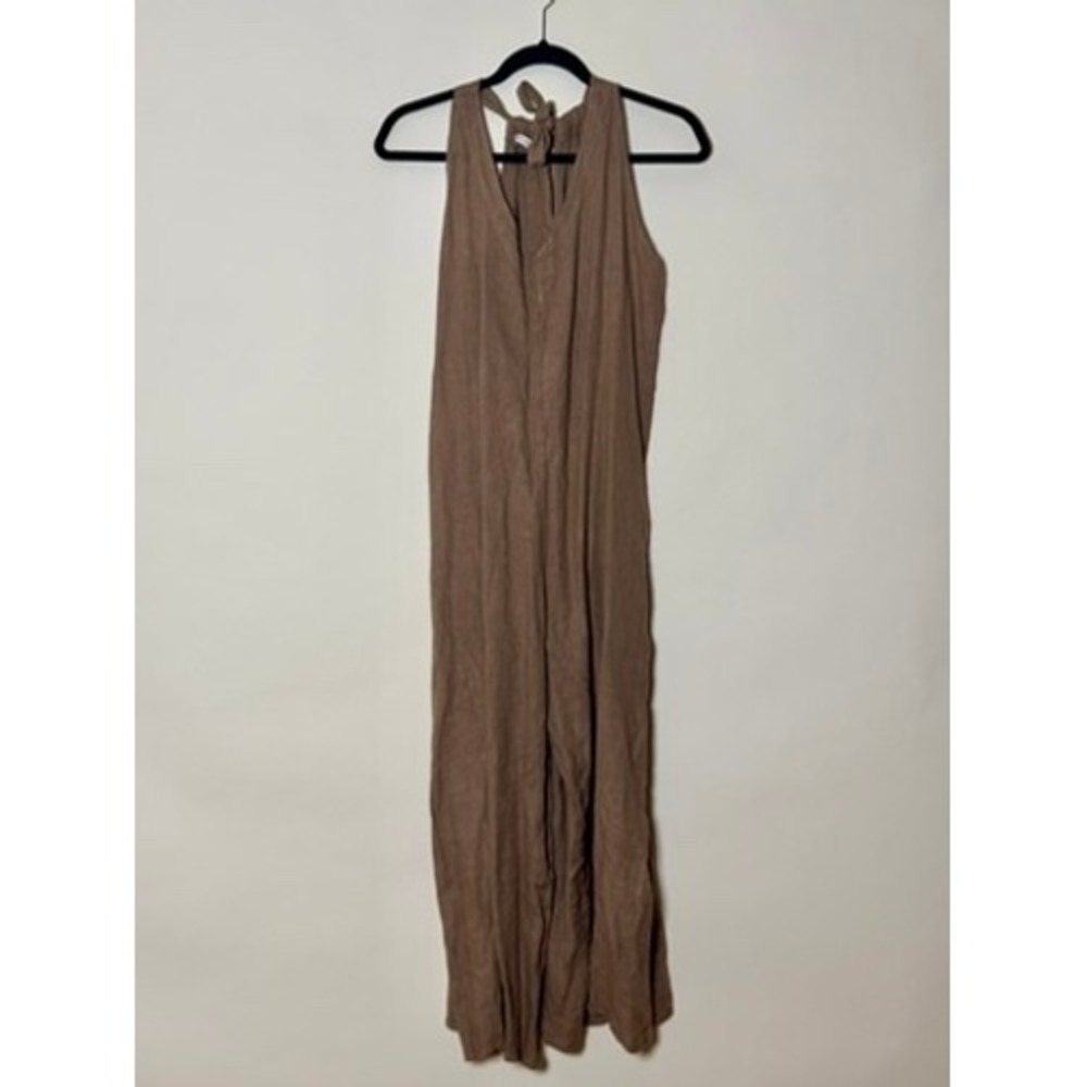 Wide Leg Linen Jumpsuit Sleeveless L XL Taupe Brown Fall Lagenlook Earthy Boho
